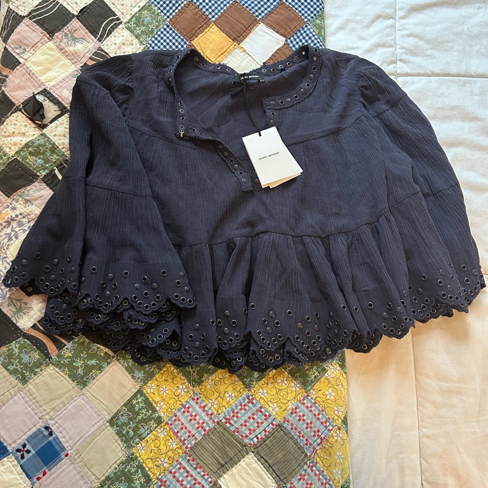 Isabel Marant Lashay Navy Eyelet Hem Blouse